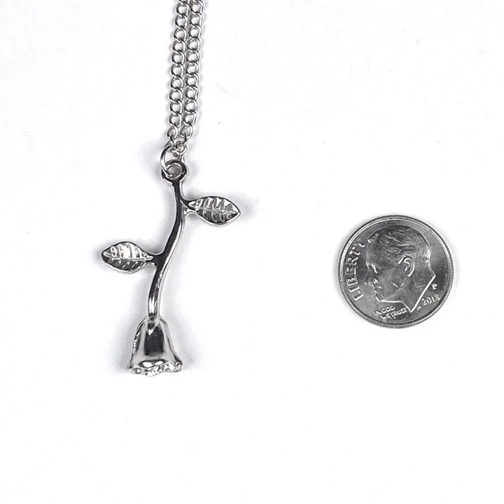 Silver Tone Flower Stem Pendant Necklace Rose Charm Feminine Retro Jewelry 20